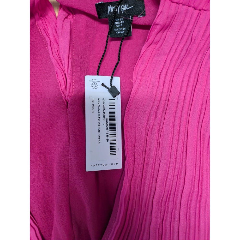 Nasty Gal Petite Pleated Chiffon Wide Leg Jumpsuit Hot Pink V-Neck Size 8 NEW - Picture 7 of 9
